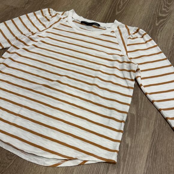 Veronica Beard Mason Stripe Puff Sleeve Baseball Tee White Caramel Size M - Picture 12 of 16